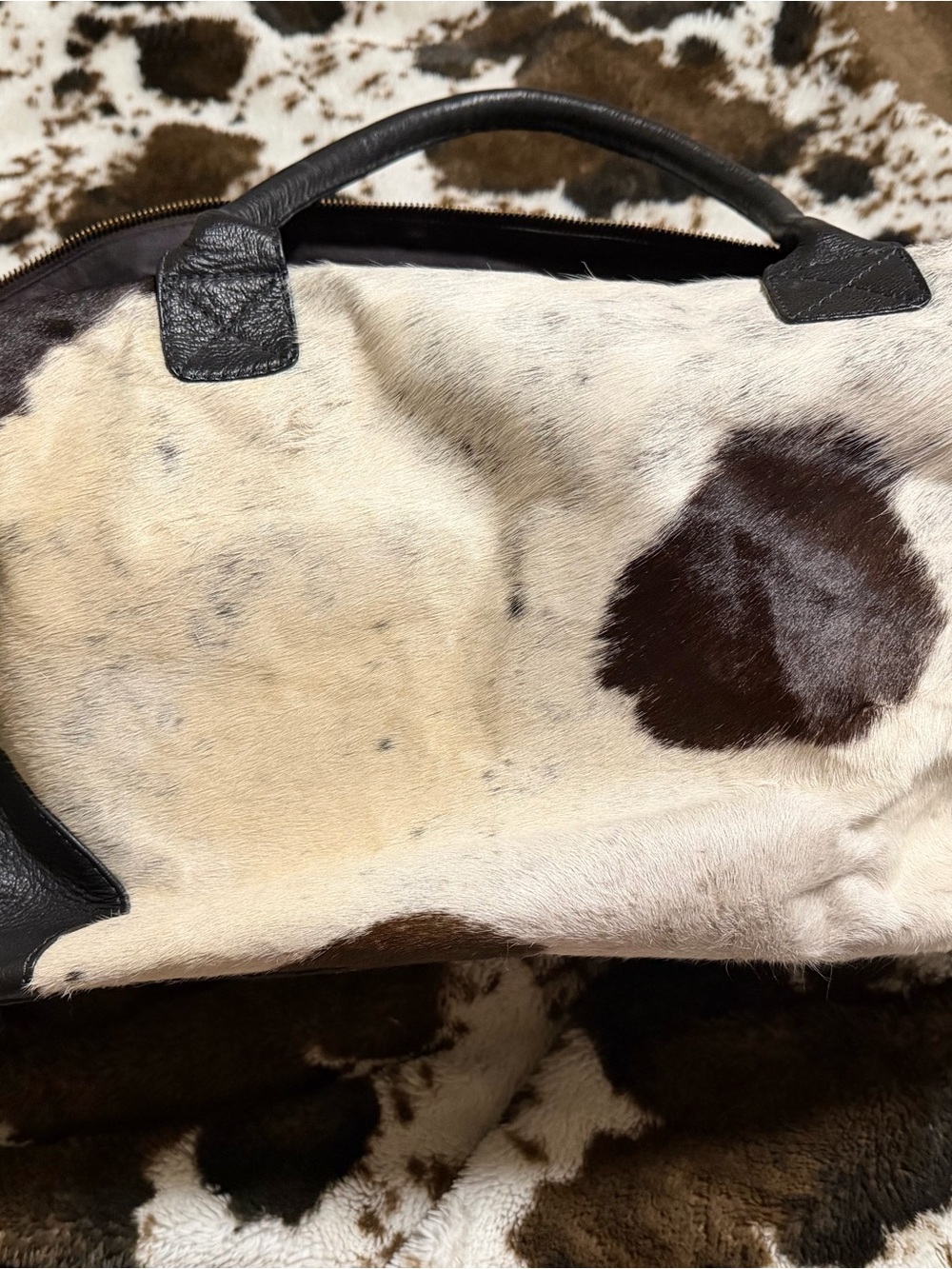 Cowhide Leather Top-Handle Tote Bag in White & Brown